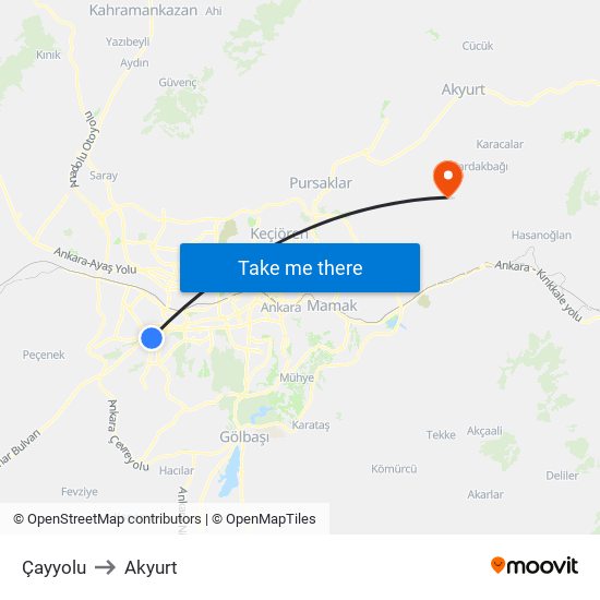Çayyolu to Akyurt map