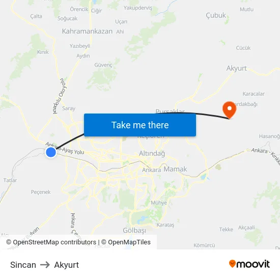 Sincan to Akyurt map