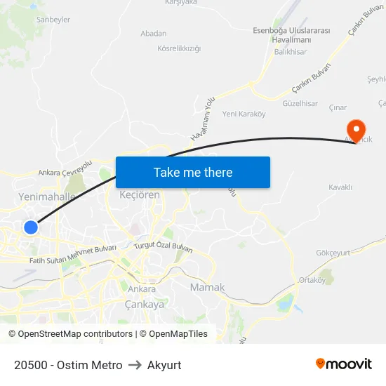 20500 - Ostim Metro to Akyurt map
