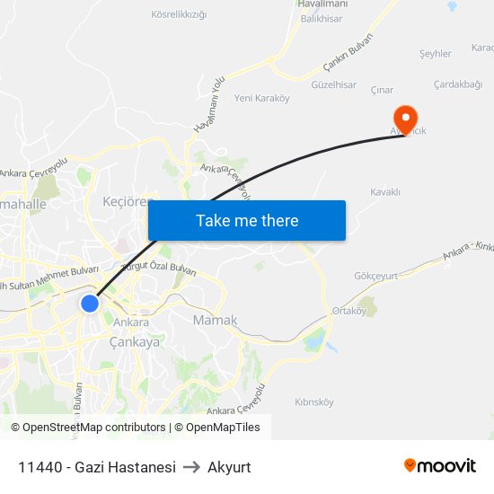 11440 - Gazi Hastanesi to Akyurt map