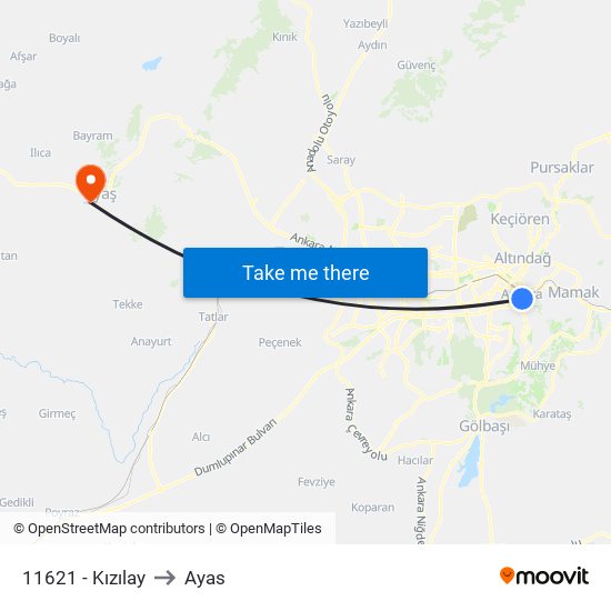 11621 - Kızılay to Ayas map