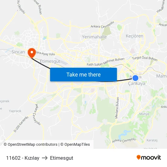 11602 - Kızılay to Etimesgut map