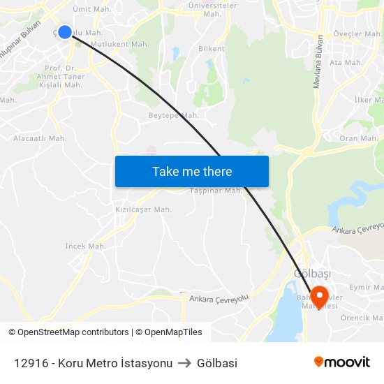 12916 - Koru Metro İstasyonu to Gölbasi map