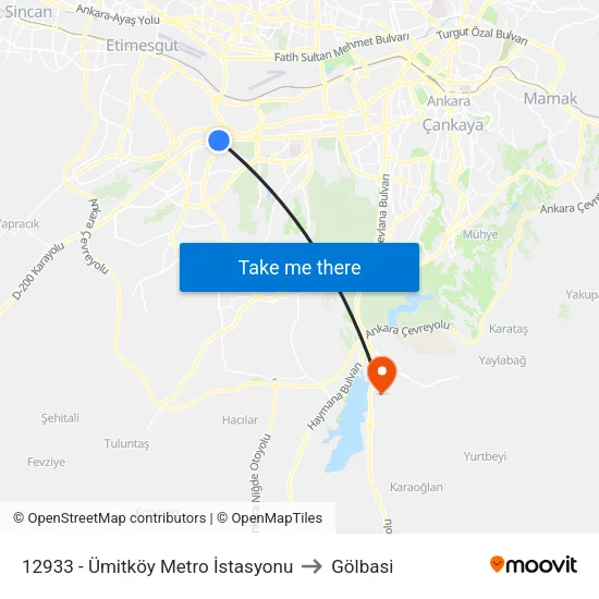 12933 - Ümitköy Metro İstasyonu to Gölbasi map