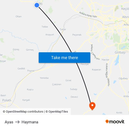 Ayas to Haymana map