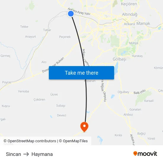 Sincan to Haymana map