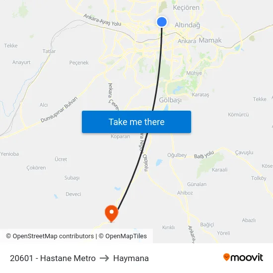 20601 - Hastane Metro to Haymana map