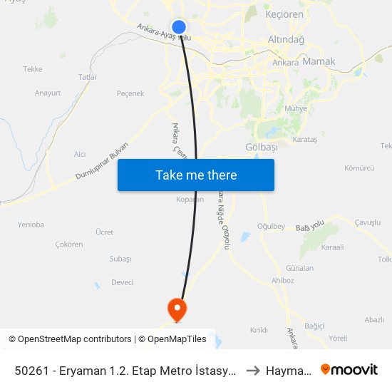 50261 - Eryaman 1.2. Etap Metro İstasyonu to Haymana map