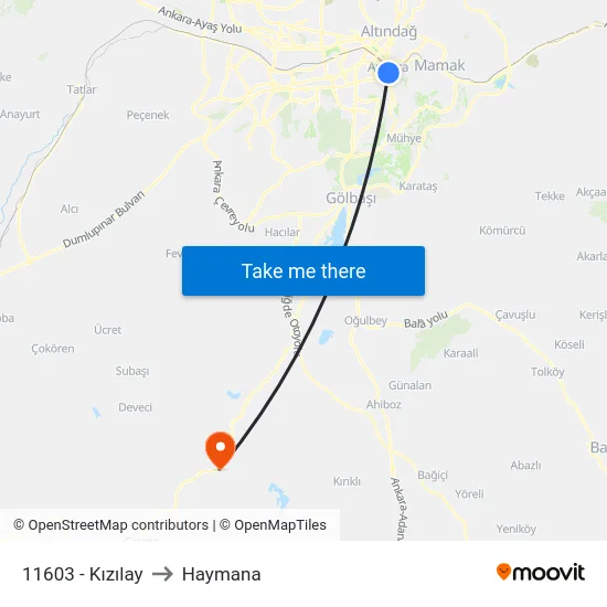 11603 - Kızılay to Haymana map
