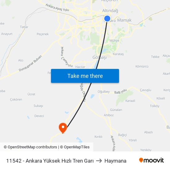 11542 - Ankara Yüksek Hızlı Tren Garı to Haymana map