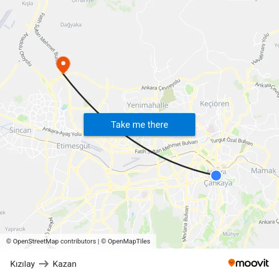 Kızılay to Kazan map