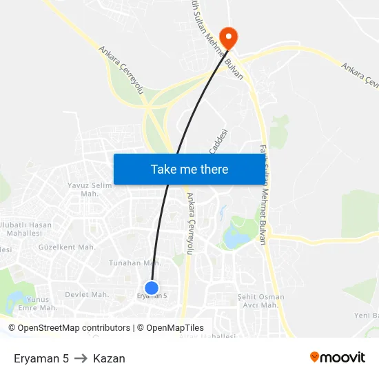 Eryaman 5 to Kazan map