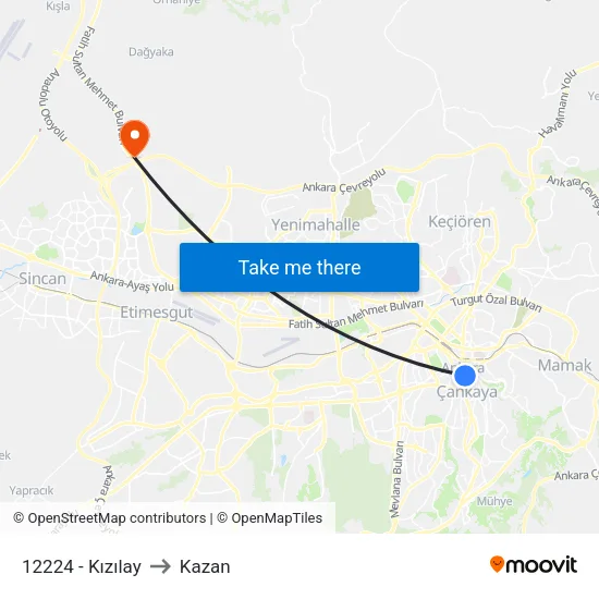 12224 - Kızılay to Kazan map