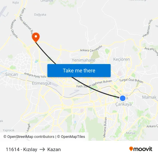 11614 - Kızılay to Kazan map