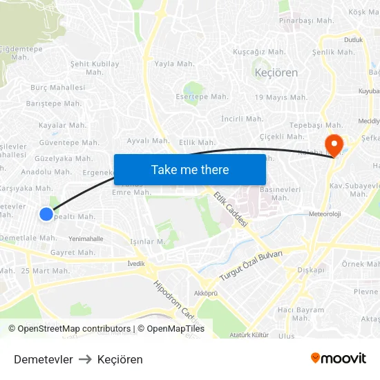 Demetevler to Keçiören map