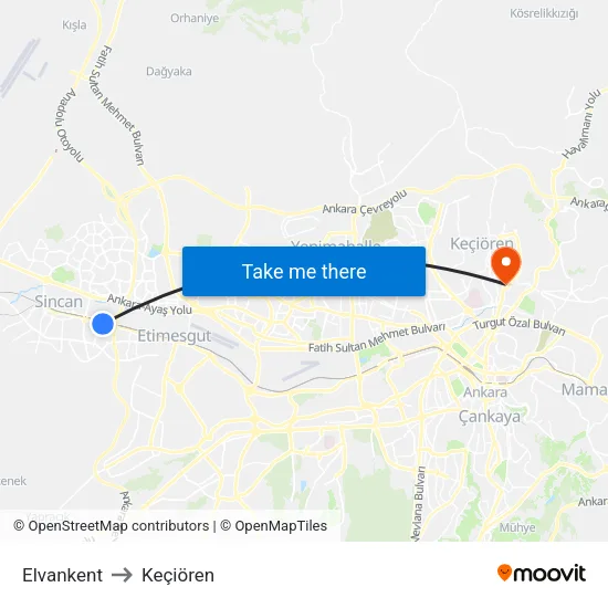 Elvankent to Keçiören map