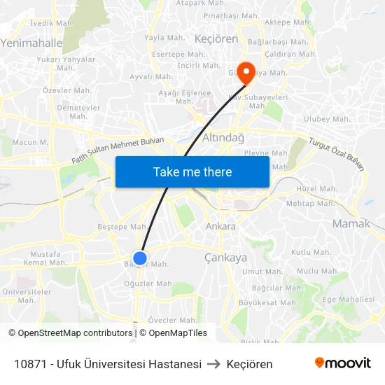 10871 - Ufuk Üniversitesi Hastanesi to Keçiören map