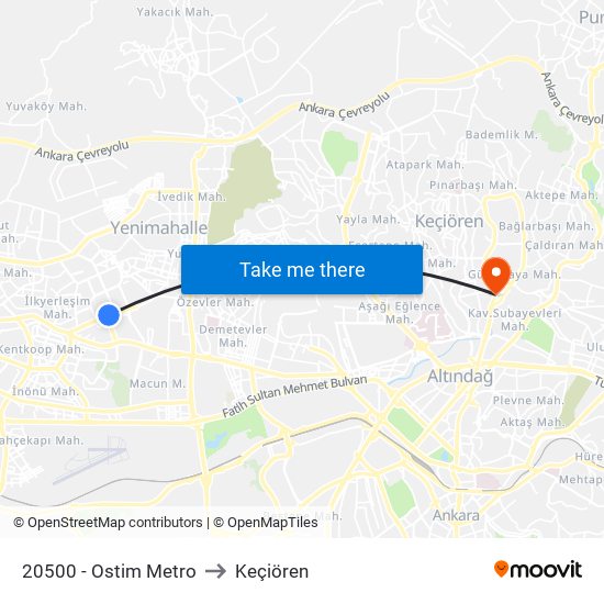 20500 - Ostim Metro to Keçiören map