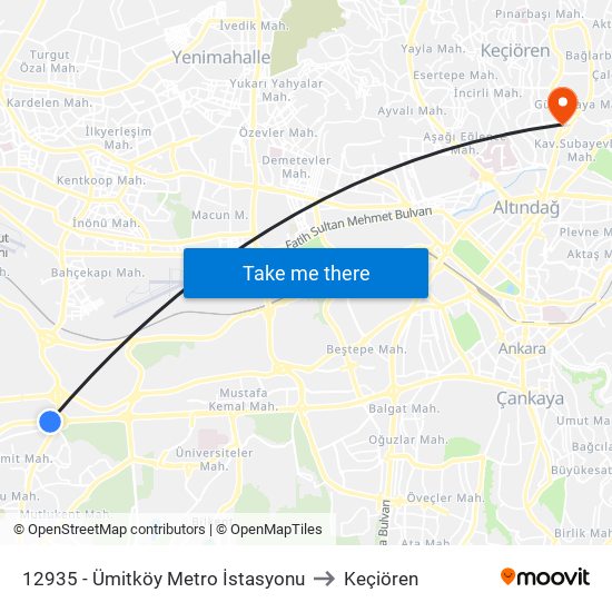 12935 - Ümitköy Metro İstasyonu to Keçiören map