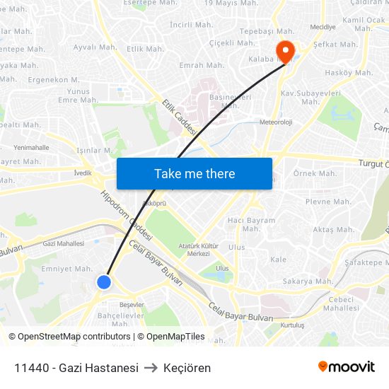 11440 - Gazi Hastanesi to Keçiören map