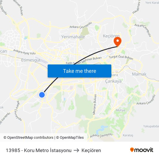 13985 - Koru Metro İstasyonu to Keçiören map