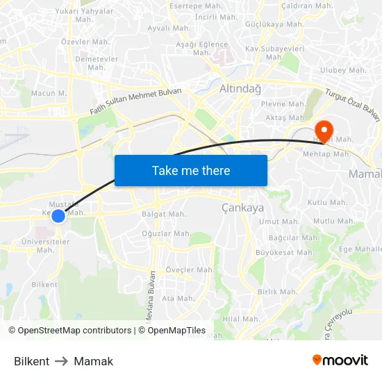 Bilkent to Mamak map