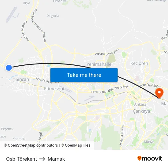 Osb-Törekent to Mamak map