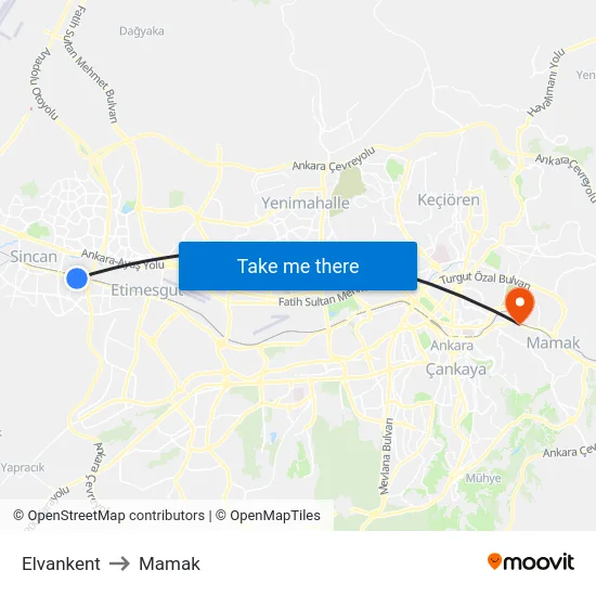 Elvankent to Mamak map
