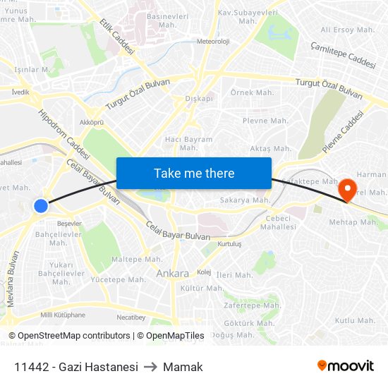 11442 - Gazi Hastanesi to Mamak map