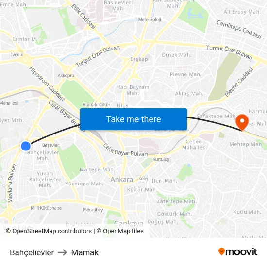Bahçelievler to Mamak map