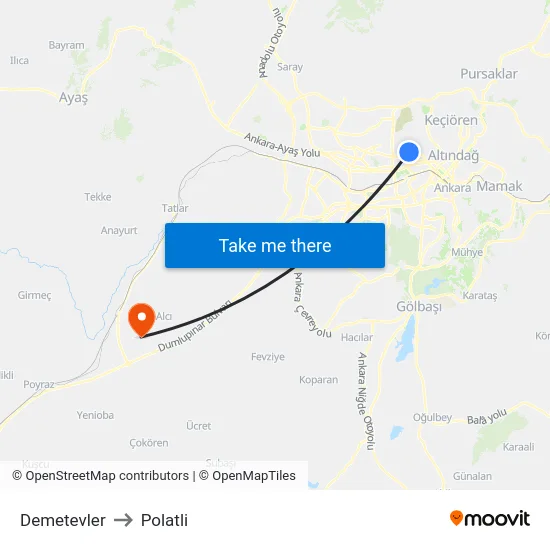 Demetevler to Polatli map