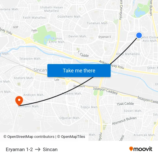 Eryaman 1-2 to Sincan map