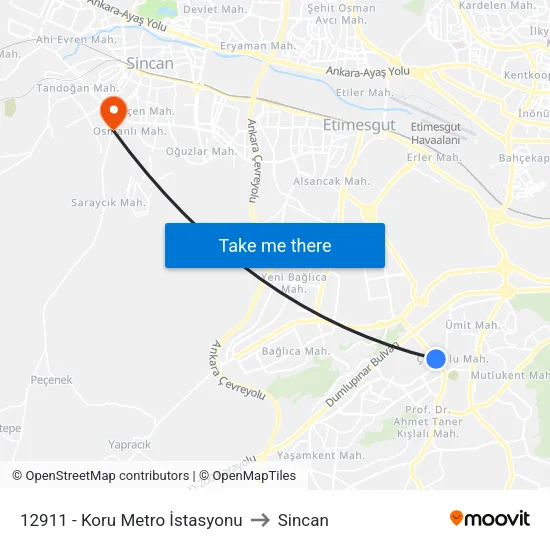 12911 - Koru Metro İstasyonu to Sincan map