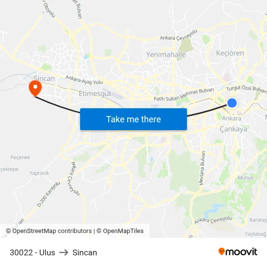 30022 - Ulus to Sincan map