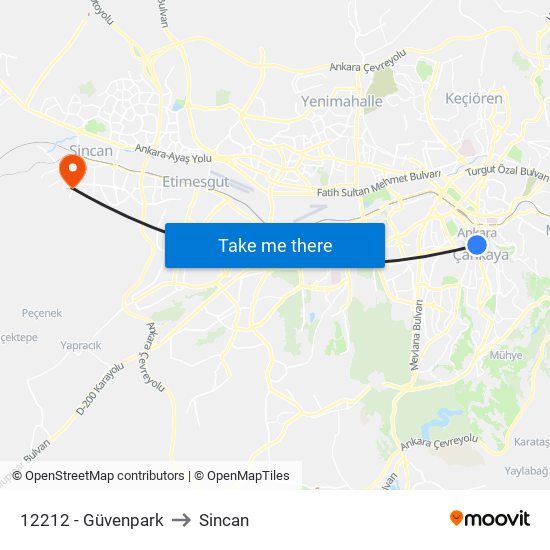 12212 - Güvenpark to Sincan map