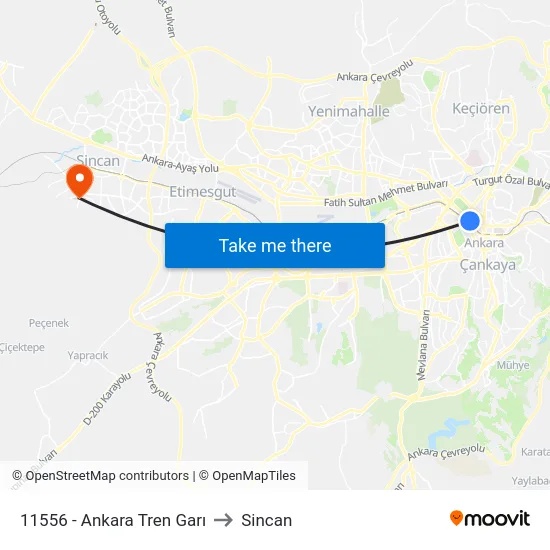 11556 - Ankara Tren Garı to Sincan map