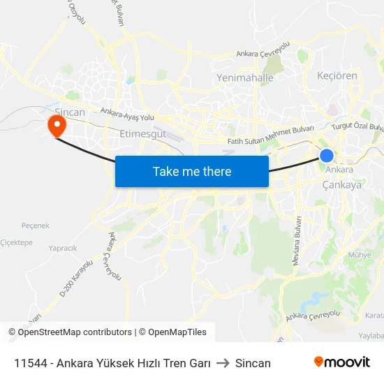 11544 - Ankara Yüksek Hızlı Tren Garı to Sincan map