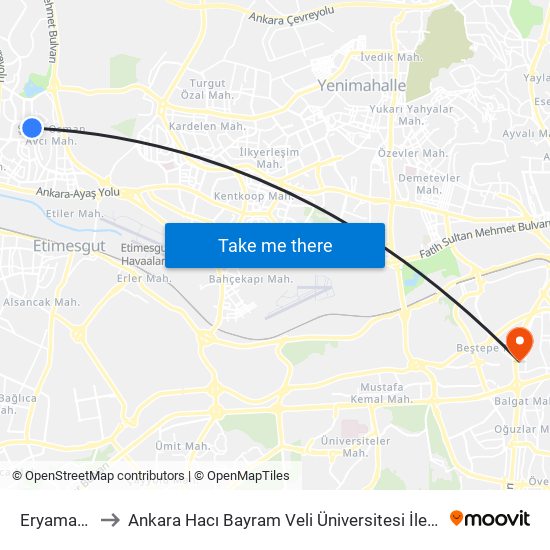 Eryaman 1-2 to Ankara Hacı Bayram Veli Üniversitesi İletişim Fakültesi map