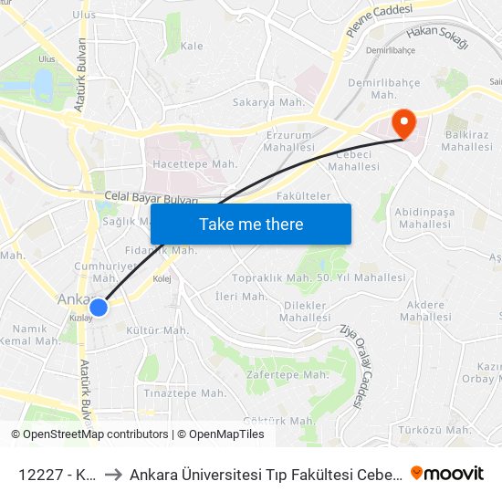 12227 - Kızılay to Ankara Üniversitesi Tıp Fakültesi Cebeci Hastanesi map