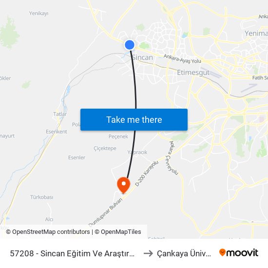 57208 - Sincan Eğitim Ve Araştırma Hastanesi to Çankaya Üniversitesi map