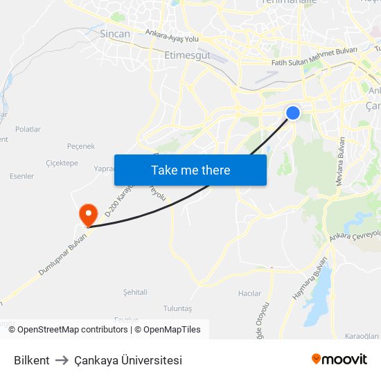 Bilkent to Çankaya Üniversitesi map