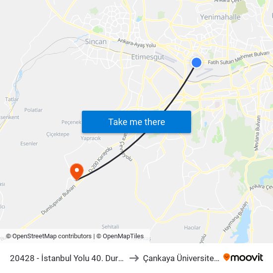 20428 - İstanbul Yolu 40. Durak to Çankaya Üniversitesi map