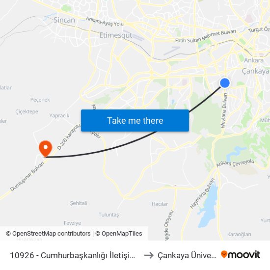 10926 - Cumhurbaşkanlığı İletişim Başkanlığı to Çankaya Üniversitesi map