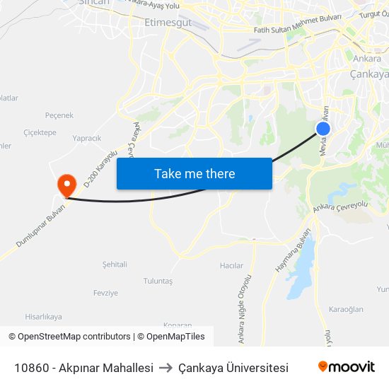 10860 - Akpınar Mahallesi to Çankaya Üniversitesi map