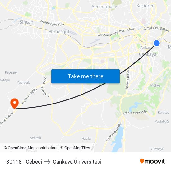 30118 - Cebeci to Çankaya Üniversitesi map