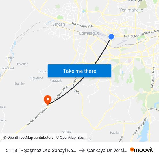 51181 - Şaşmaz Oto Sanayi Kavşağı to Çankaya Üniversitesi map