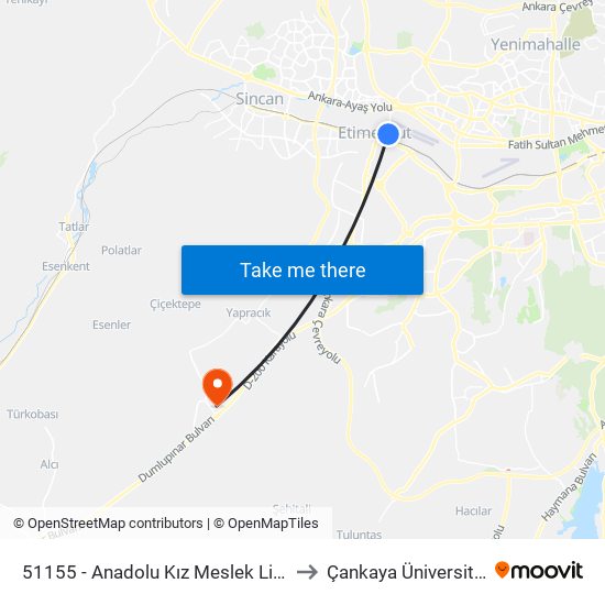 51155 - Anadolu Kız Meslek Lisesi to Çankaya Üniversitesi map