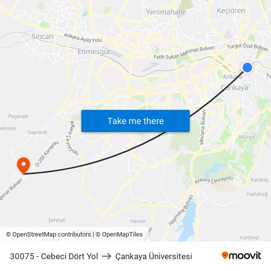 30075 - Cebeci Dört Yol to Çankaya Üniversitesi map