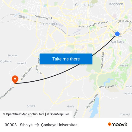 30008 - Sıhhiye to Çankaya Üniversitesi map