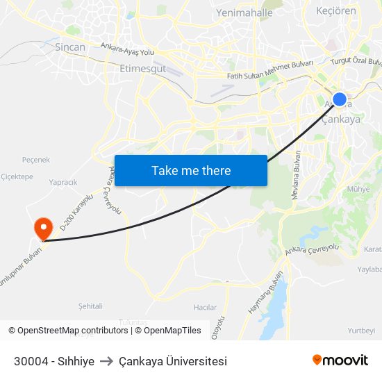 30004 - Sıhhiye to Çankaya Üniversitesi map